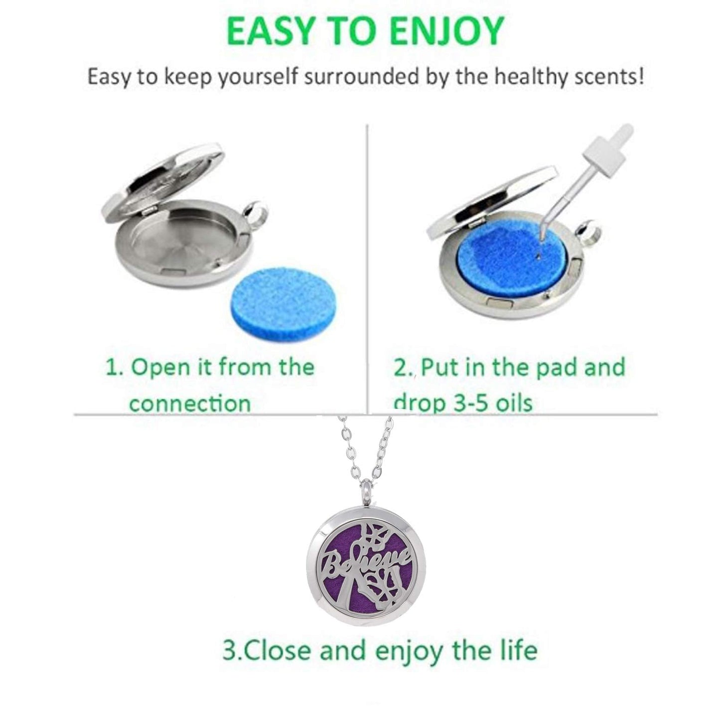 Aromatherapy Essential Oil Diffuser Stainless Steel 30MM Silver Magnetic Locket Pendant 2 Sizes Chain Necklace, Refill Pads & Diffuser Bracelet in a Velvet Bag (Believe)