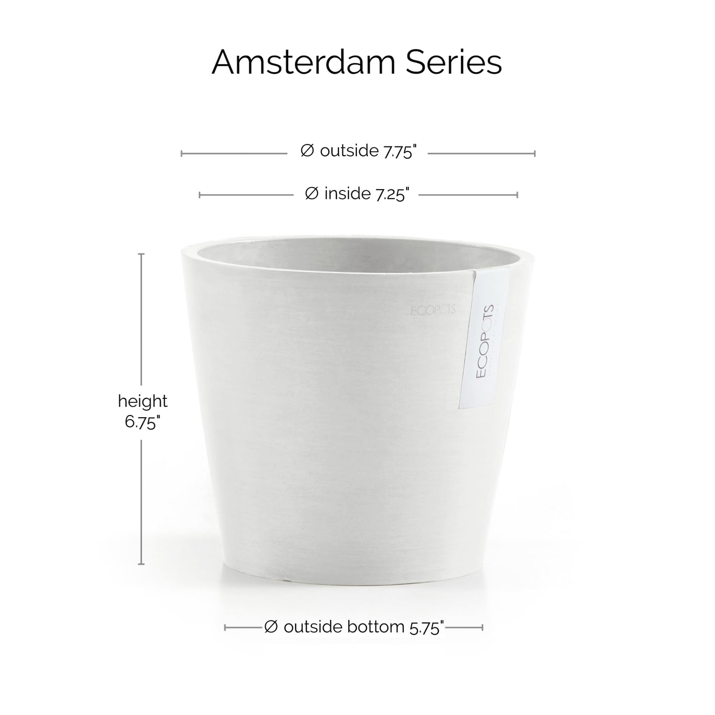 Ecopots Amsterdam Durable Modern Round Indoor/Outdoor Recycled-Based Composite Flower Pot Planter, Pure White, 8"