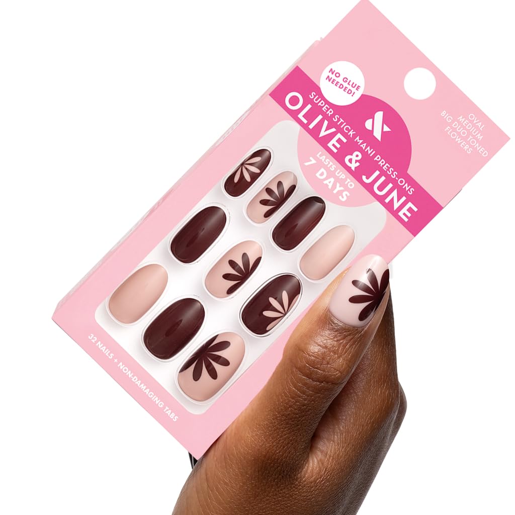 Olive & June Classic Super Stick Mani Press On Nails | No Glue Needed | 32 Tab Nails 16 Sizes | Non-Toxic Tabs Easy On-Off Non-Damaging Realist Look | 7-Day Wear | Medium, Oval |Big Duo Toned Flowers