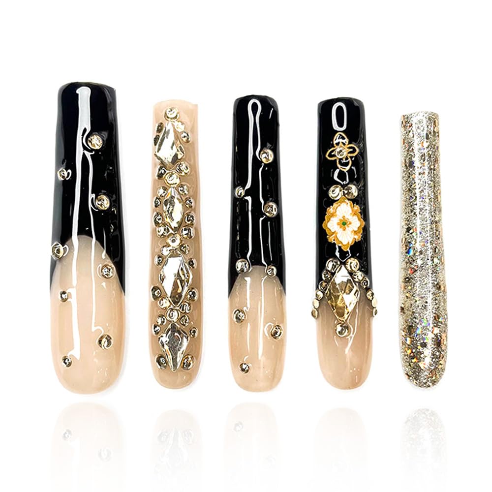 GGddsha 2025 100% Handmade Nails Long and Reusable PMMA Acrylic Press on Nails With Rhinestone Spot Black Design Reusable Full Coverage Fake Nails Handmade Nails Ladies Fake Nail Set (Black, M)