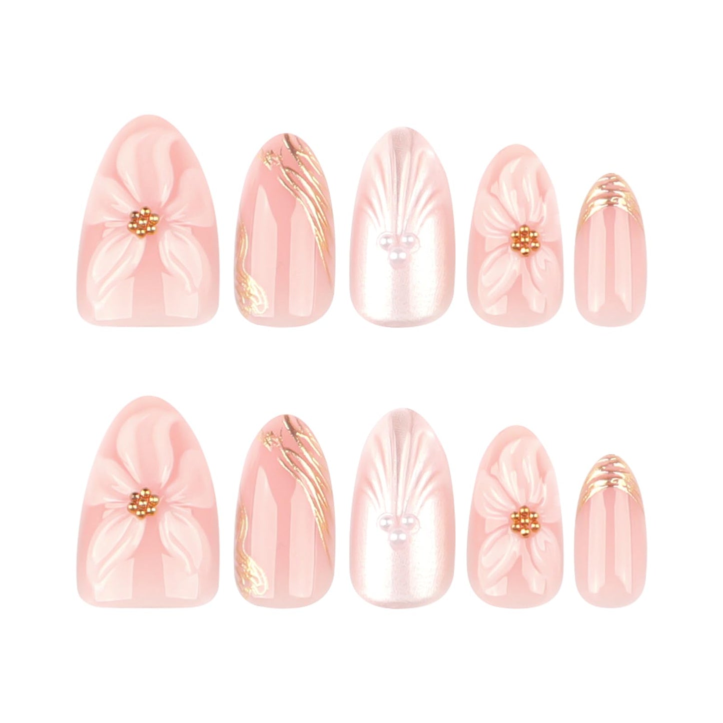 Mivota Short Press On Nails Almond – 3D Floral & Pearl Accent Nude Pink Fake Nails, 30Pcs Reusable Acrylic Stick On Nails with Gold Details, Glossy Soft Gel Look, DIY Manicure Kit for Women