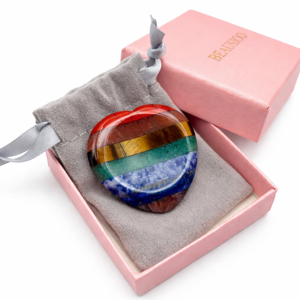 Healing Crystals Thumb Stone, 7 Chakra Heart Worry Stone for Anxiety Relief, Hand-Polished Meditation Stone, 1.57” Stress Relief & Mindfulness Gift