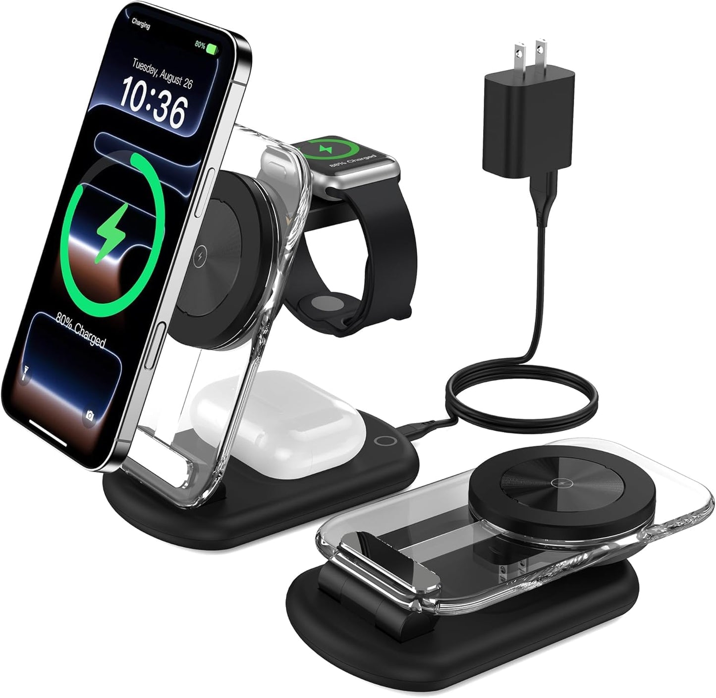 3 in 1 Magnetic Wireless Charging Station for Apple Devices, Fast Foldable Travel Mag-Safe Charger Stand with Night Light for iPhone 17 16 15 14 13 12 Series, Apple Watch/AirPods Pro-Gift for Friends