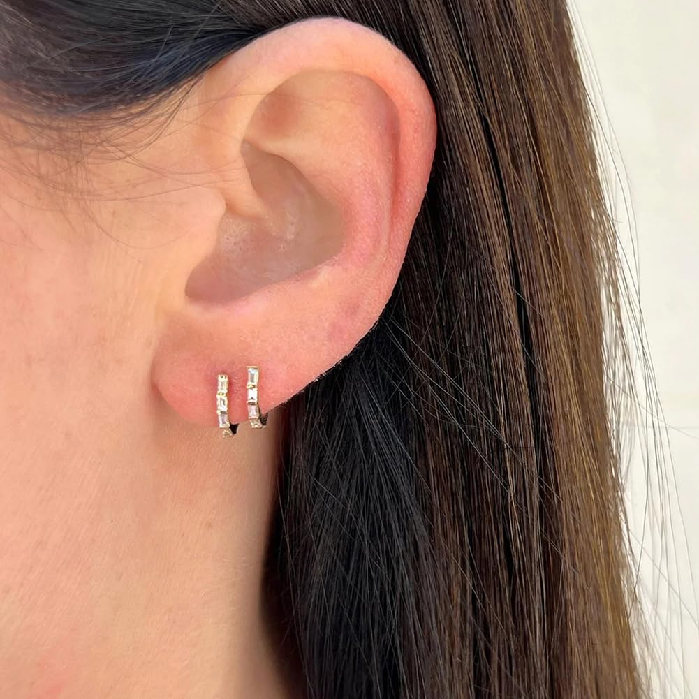 Obidos Double Faux Diamond Baguette Illusion Mini Huggie Earrings | 14K Gold Plated Huggie Small Hoop Earrings for Women | Boho Simple Hypoallergenic Earrings