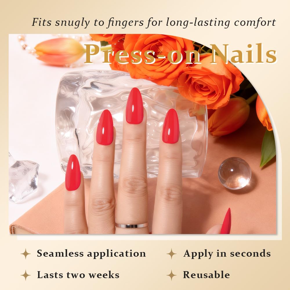 evpct Bright Red Medium Almond Glossy Press on Nails for Women Gift, Glossy Bright Red Fake Nail with Kits Manicure Kit, Soft Gel Full Cover Reusable Stick on Soft Acrylic False Nails Perfectly Fit