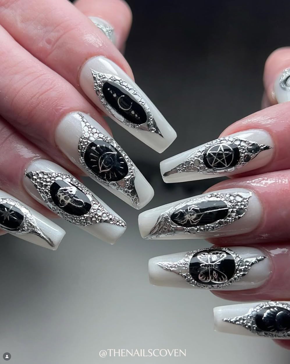 Ectogasm Nail Stickers Metallic Silver Gold Edition | Spooky Witchy Horror Style for Halloween Gothic Fashion Decals - Snakes, Moons, Stars, Cobwebs, Tattoo Art (Silver)