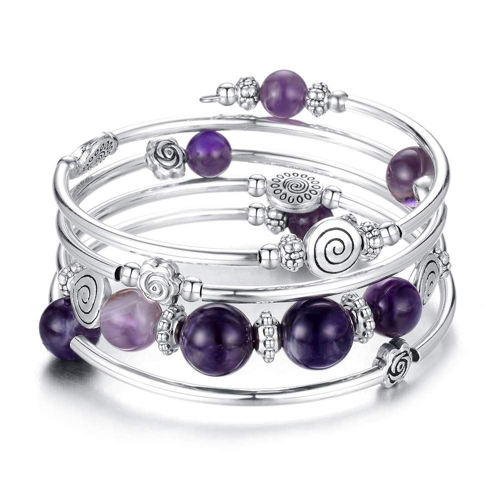 BULINLIN Bead Wrap Bangle Pearl Bracelet - Silver Metal Bracelet Gifts For Women(02-Purple)