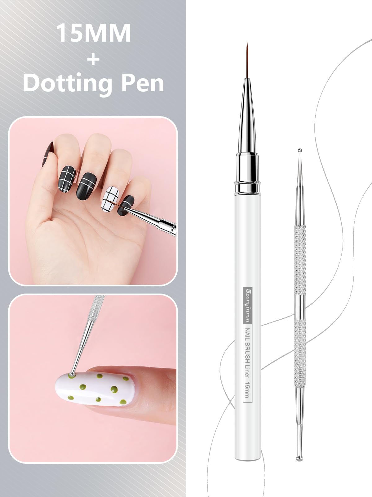 Nail Liner Brush, Fine Line Nail art Brushes 5/9/15/20/25mm Thin Line Nail Brushes Detail Drawing, Liner Brush for Nails Gel (White)