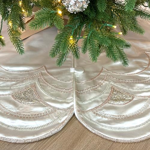 72-Inch Beaded Scalloped Christmas Tree Skirt in Foam-Lined Satin, Button-Loop Closures, Pearl White