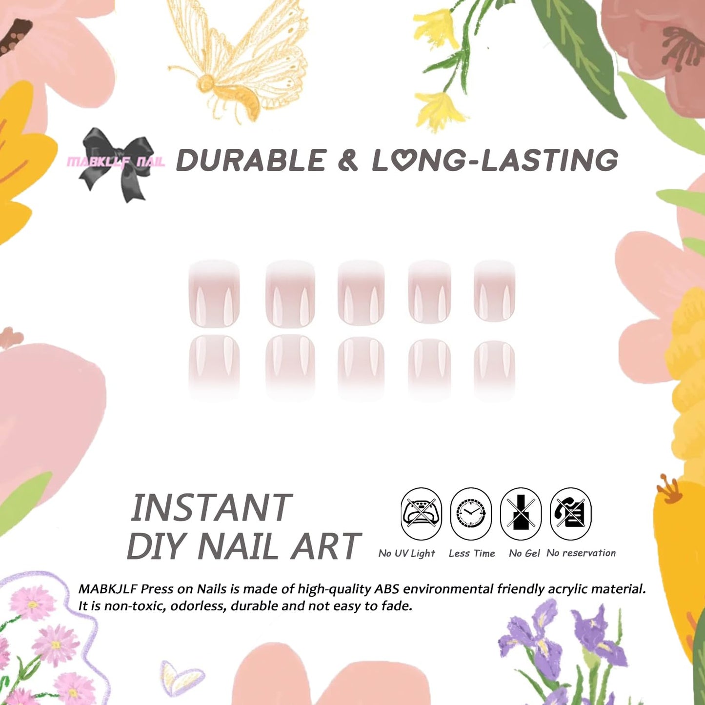 Press on Nails Short Square MABKJLF Fake Nails Full Cover Pink & White Gradient False Nails Glossy Glue on Nails Stick on Nails Acrylic Nails Artificial Nails for Women Girls 24Pcs