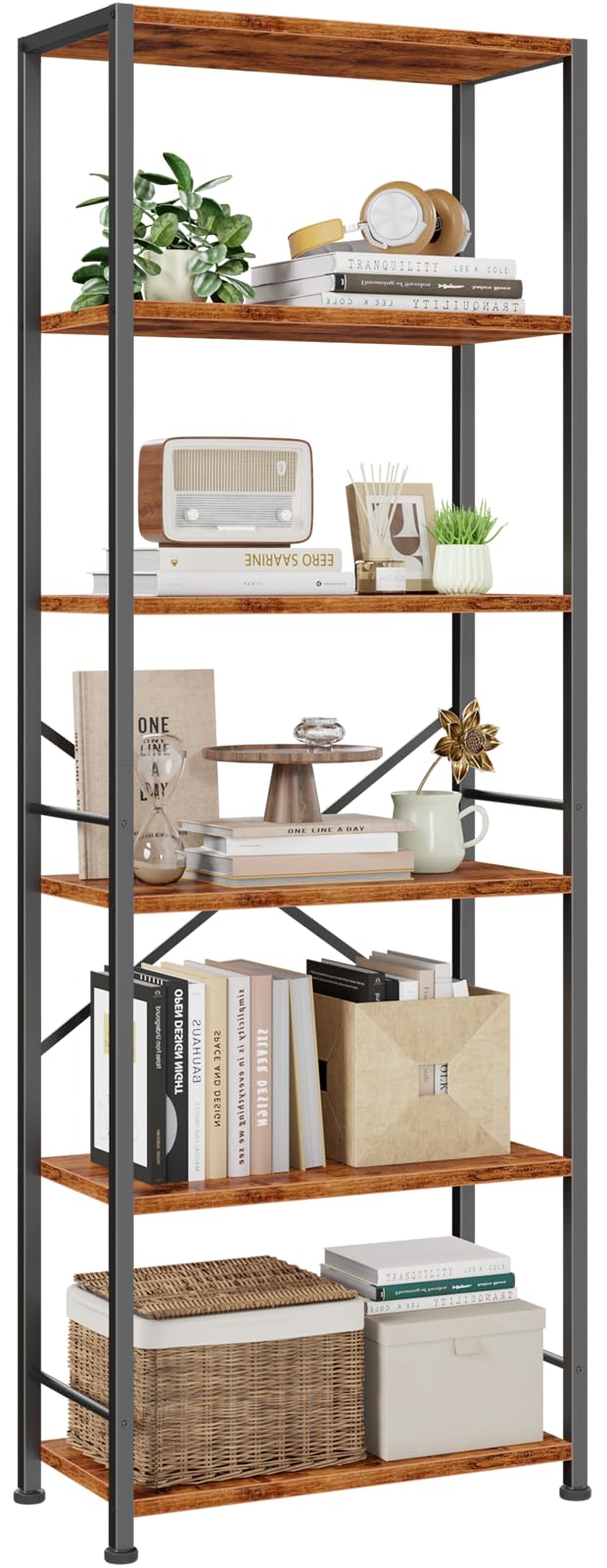 Furologee 6 Tier Book Shelf, Tall Wide Bookshelf, Industrial Open Bookcase, Display Shelves Storage Organizer, Shelving Unit for Living Room, Home Office, Bedroom, Rustic Brown