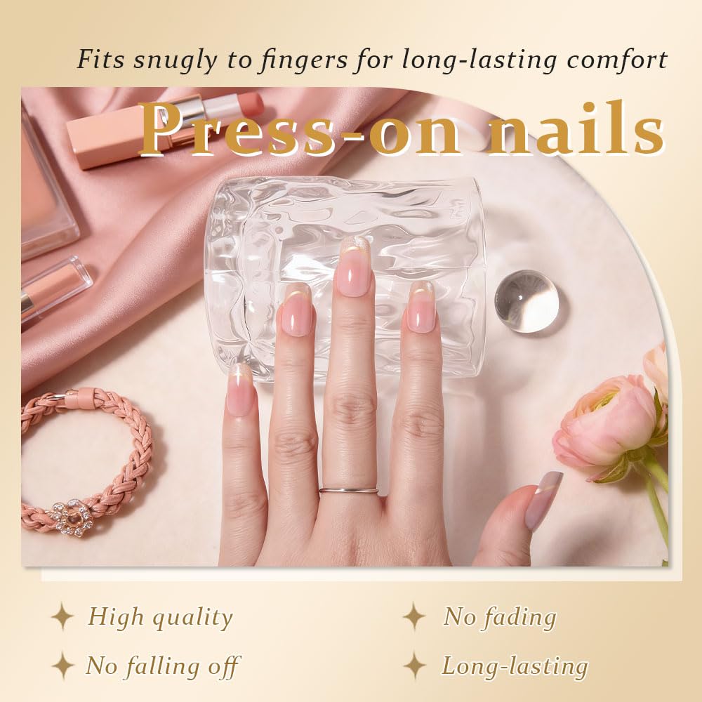 evpct French Tip Press On Nails Medium Squoval No Glue, Nude Pink Gold Line&Cat Eye Tips, Medium Squoval Fake False Press on Nails, Soft Stick on nail Press ons with Nail Kit, Reusable Salon-quality