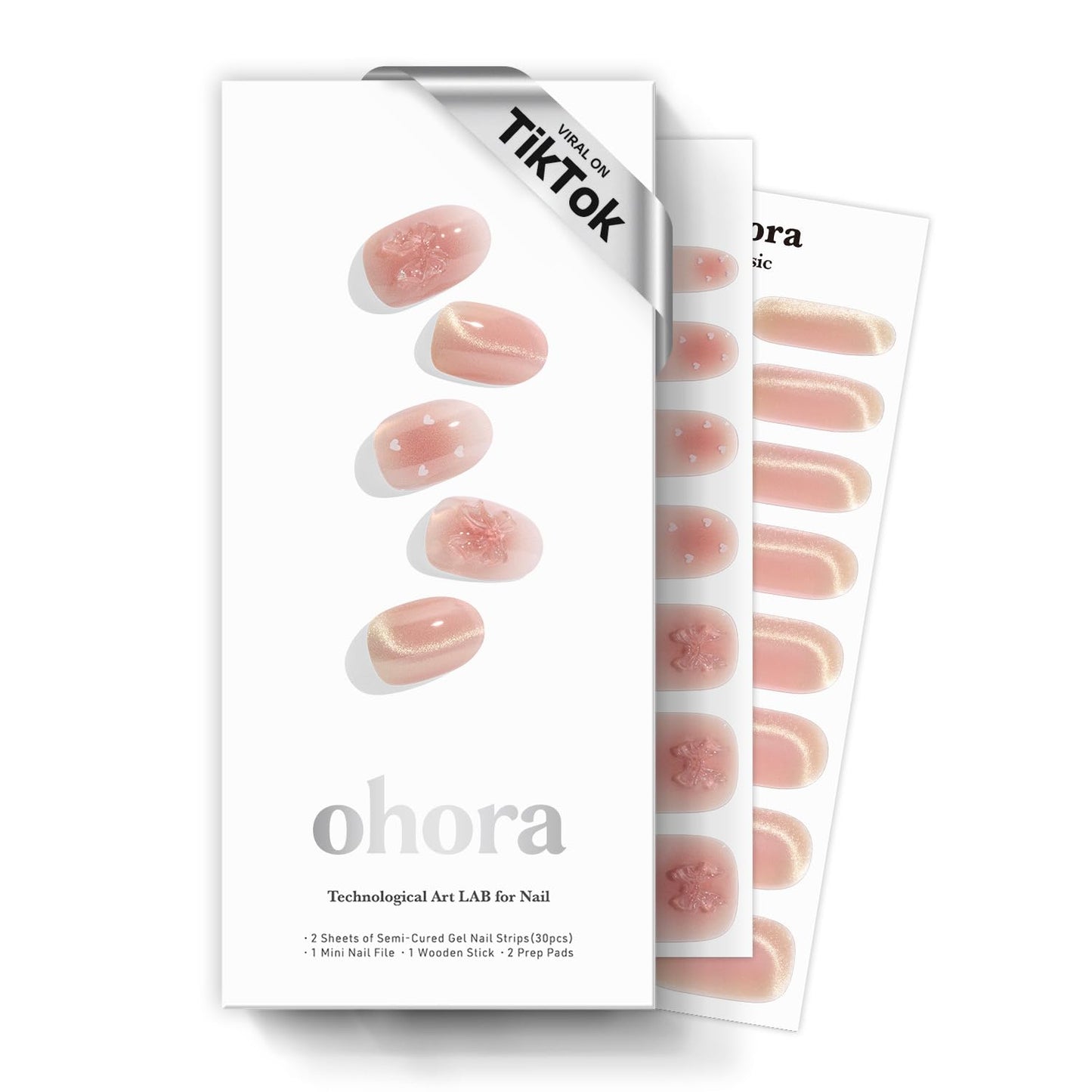 ohora Semi Cured Gel Nail Strips (N Sweet Bow) - Marble, Magnet, Pink, Gold, Works with Any Lamps, Salon-Quality, Long Lasting, Easy to Apply & Remove - Includes 2 Prep Pads, Nail File & Wooden Stick