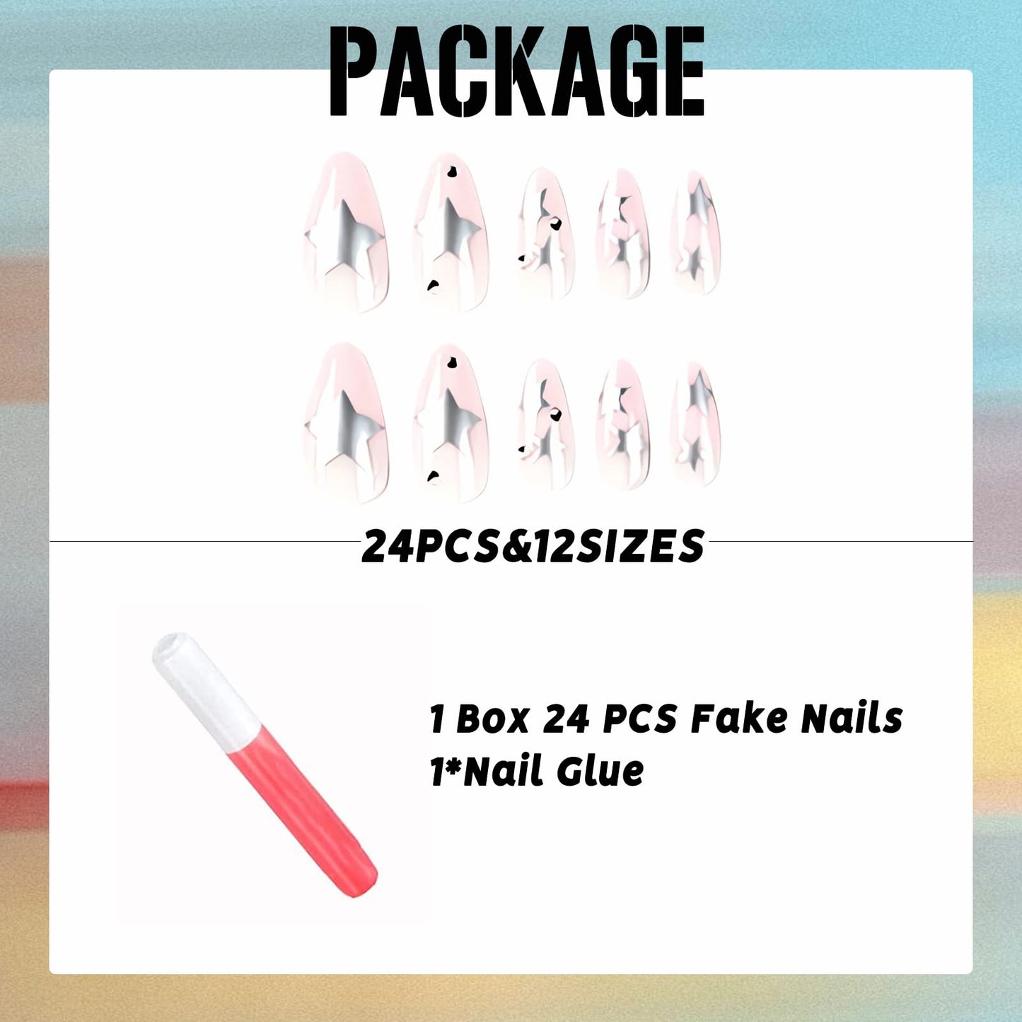 IMSOHOT Medium Almond Stiletto Press on Nails, Nude Silver Star Glossy Acrylic Nails for Women, 24PCS