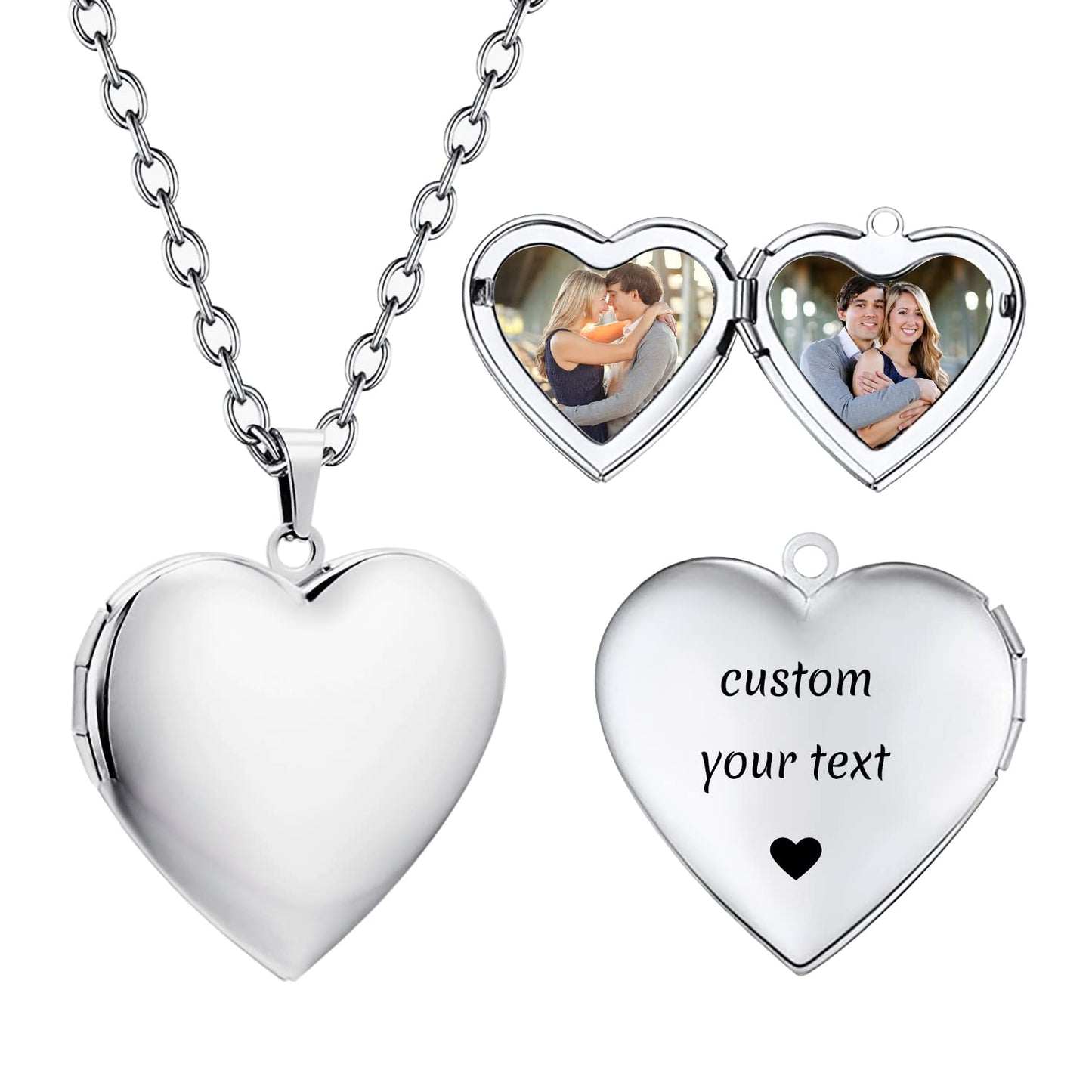 PHOCKSIN Glossy Silver Heart Lockets Personalized Locket Necklace with Custom Text Engraved Photo Locket Necklace for Women Customized Gifts for Mom Daughter