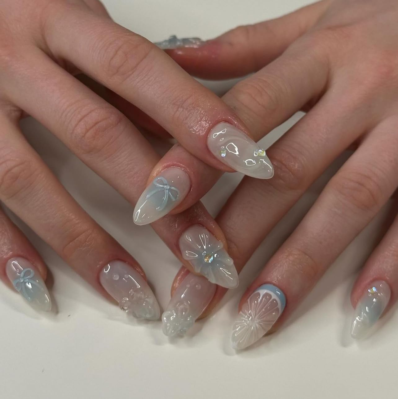 3D Summer Blue Press On Nails, Medium Almond Shape, 24pcs Fake Nails with Glue, Lemon Flower Bow Design, Pearl Gel Details, Reusable Acrylic Nails for Women