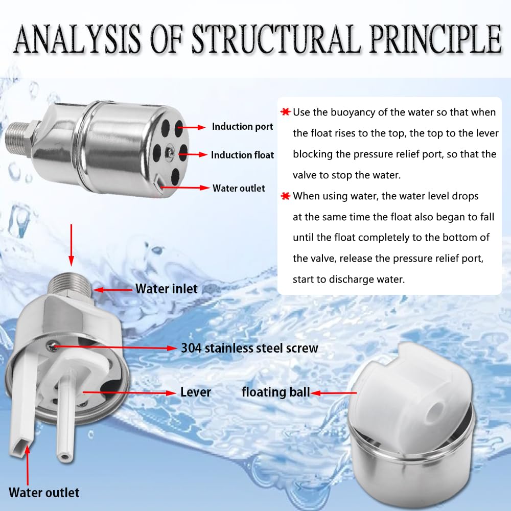 Automatic Water Level Control Valve, 3/4 to 1/2 Inch Float Ball Valve, Float Valve, 304 Stainless Steel Water Level Control Float Valve for Tank, Swimming Pool, Pond, Fish Tank, Livestock Troughs.