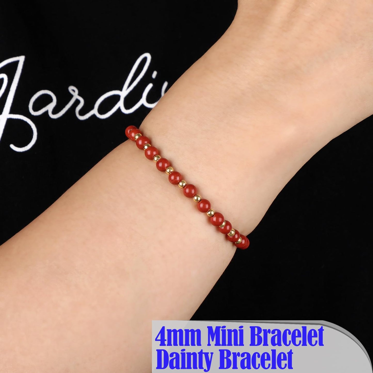 QOGIR Red Jasper - Zen Stone - 14K Gold Plated Beads Natural Gemstone Stretch Elastic Dainty Healing Beaded Bracelets Gifts 4mm
