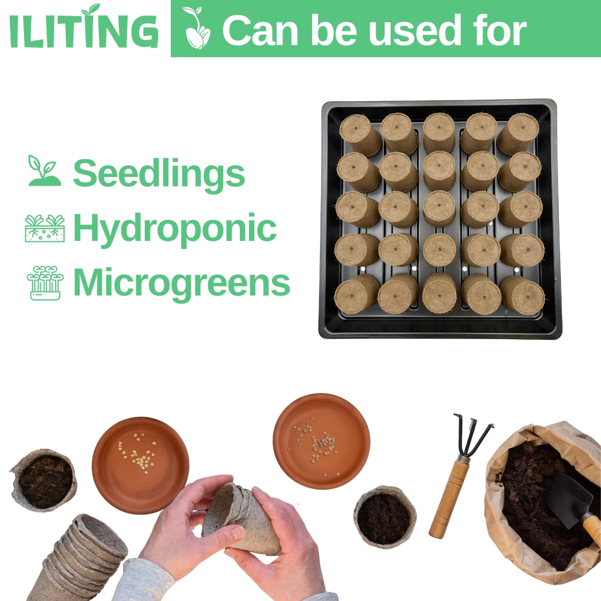 ILITING Plant Growing Seed Starter Trays for Seedlings Microgreen, Shallow Plants Tray Standard 1010 Tray with Drain Holes 5 Pack Black 10.7 x 10.7 inches Square Trays