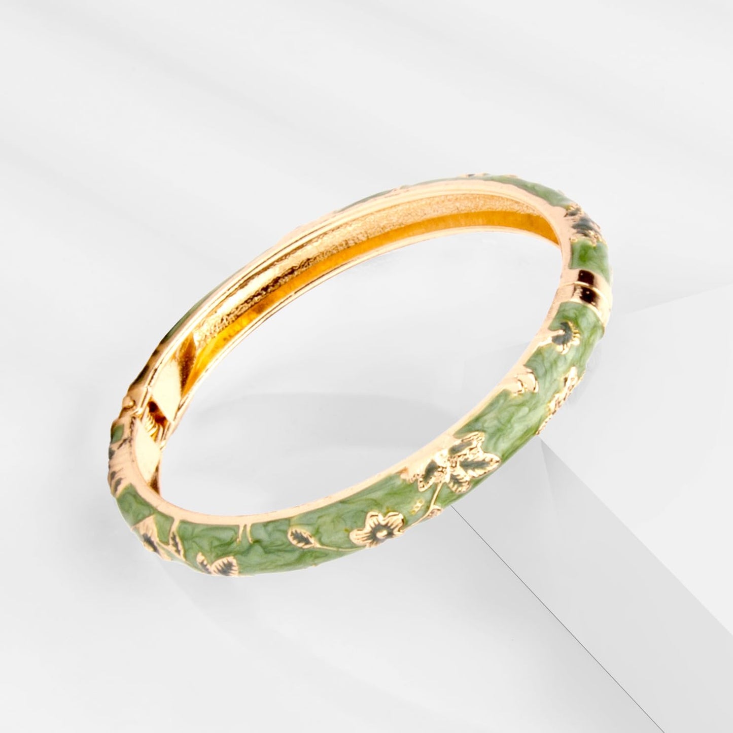 UJOY Women Cloisonne Bracelet Multi-Colors Plated Rhinestone Flower Hollowed Enameled Hinged Cuff Bangles Jewelry Gift 88A10 3pcs Green