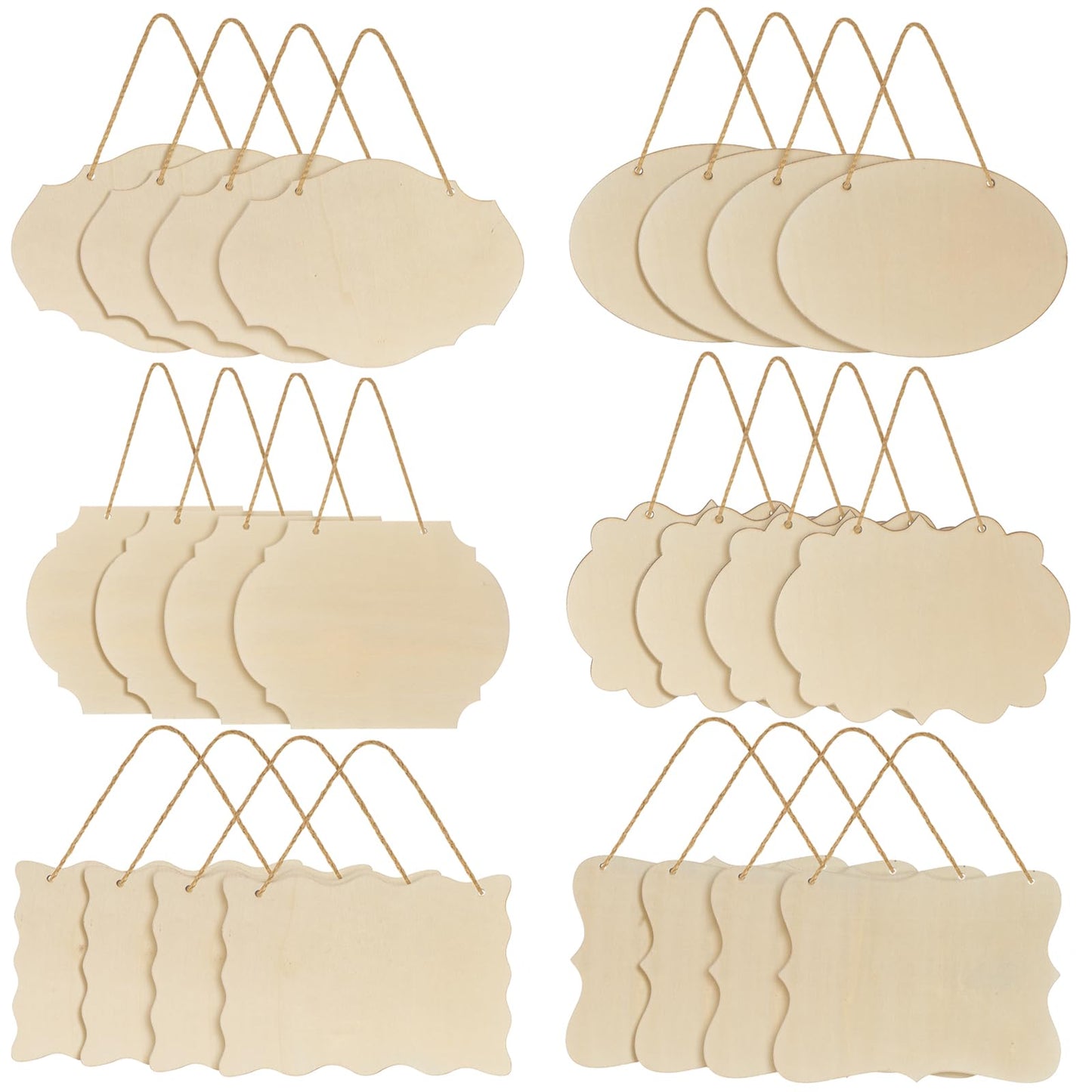 Jetec 24 Pcs Unfinished Hanging Wood Sign, Rectangular Wood Blank Plaque with Rope for Pyrography, Painting, Writing, Decoration, DIY Craft, 6 Designs