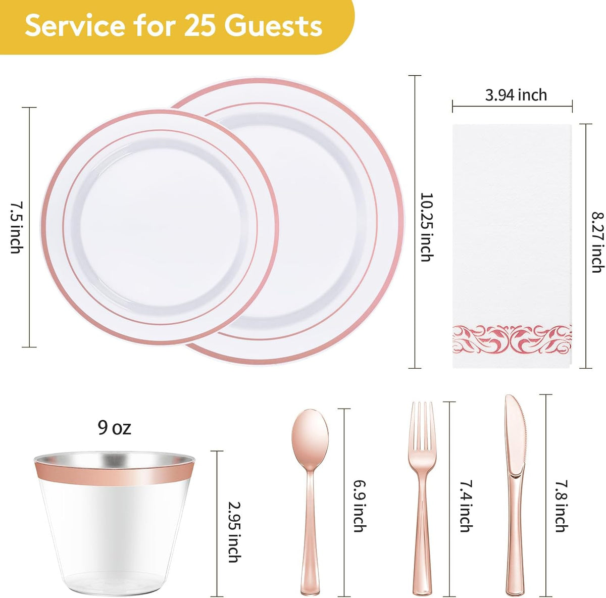 Goodluck 175 Piece Rose Gold Dinnerware Set for 25 Guests, Plastic Plates Disposable for Party, Include: 25 Dinner Plates, 25 Dessert Plates, 25 Paper Napkins, 25 Cups, 25 Silverware Set