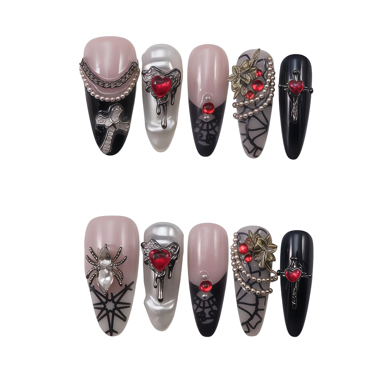WZHAOJUN Handmade Gothic Punk Press On Nails Long Oval - Black & Pink Gradient Fake Nails With 3d Red Heart Cross Spider, Pearl Chain Rhinestone Acrylic False Nails For Party Halloween