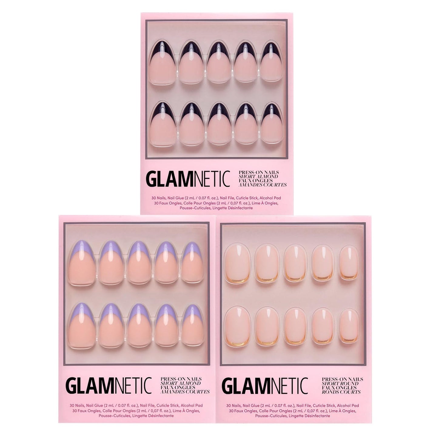 Glamnetic Press-On Nails Bundle - French Lilac, Goal Digger & Caviar | Almond Purple Tips with a Glossy Finish | Natural Round False Nails with Gold Foil | Short Almond Black