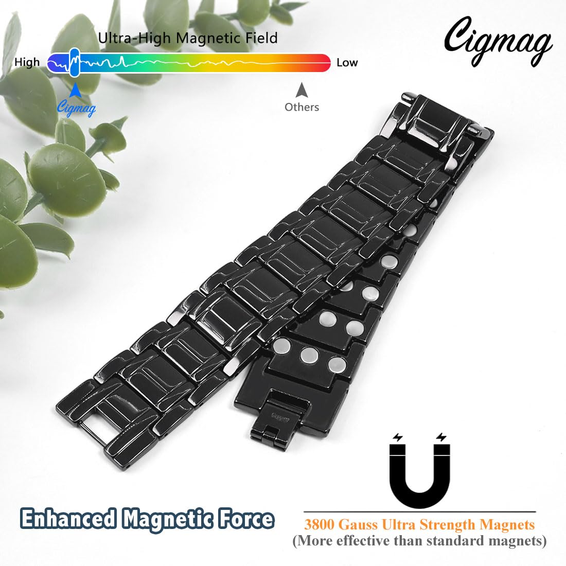 Cigmag Copper Bracelet for Men, Triple Row Magnetic Bracelet with Strength 3800 Gauss Magnets, Adjustable with Sizing Tool (Black)