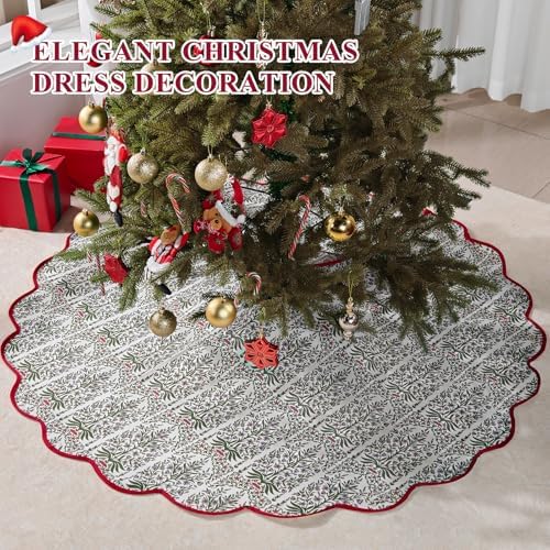 45 Inch Christmas Tree Skirt Vintage Red Floral Block Print Tree Skirts with Scalloped Edge, Classic Xmas Tree Skirt for Merry Christmas Party Holiday Home Farmhouse Indoor Outdoor Decorations