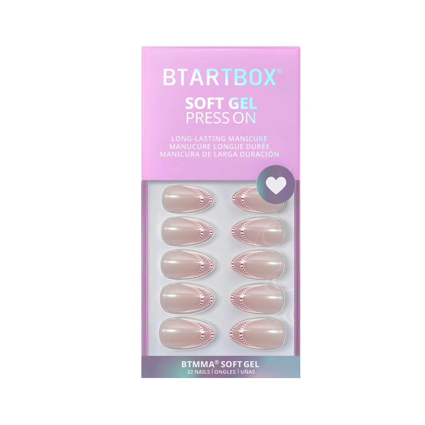 BTArtbox French Tip Press On Nails - Peppermint Kiss, White Pink Short Almond Press On Nails with Glue and Adhesive Tabs for Women in 16 Sizes - 32 Soft Gel Glue On Nails Kit