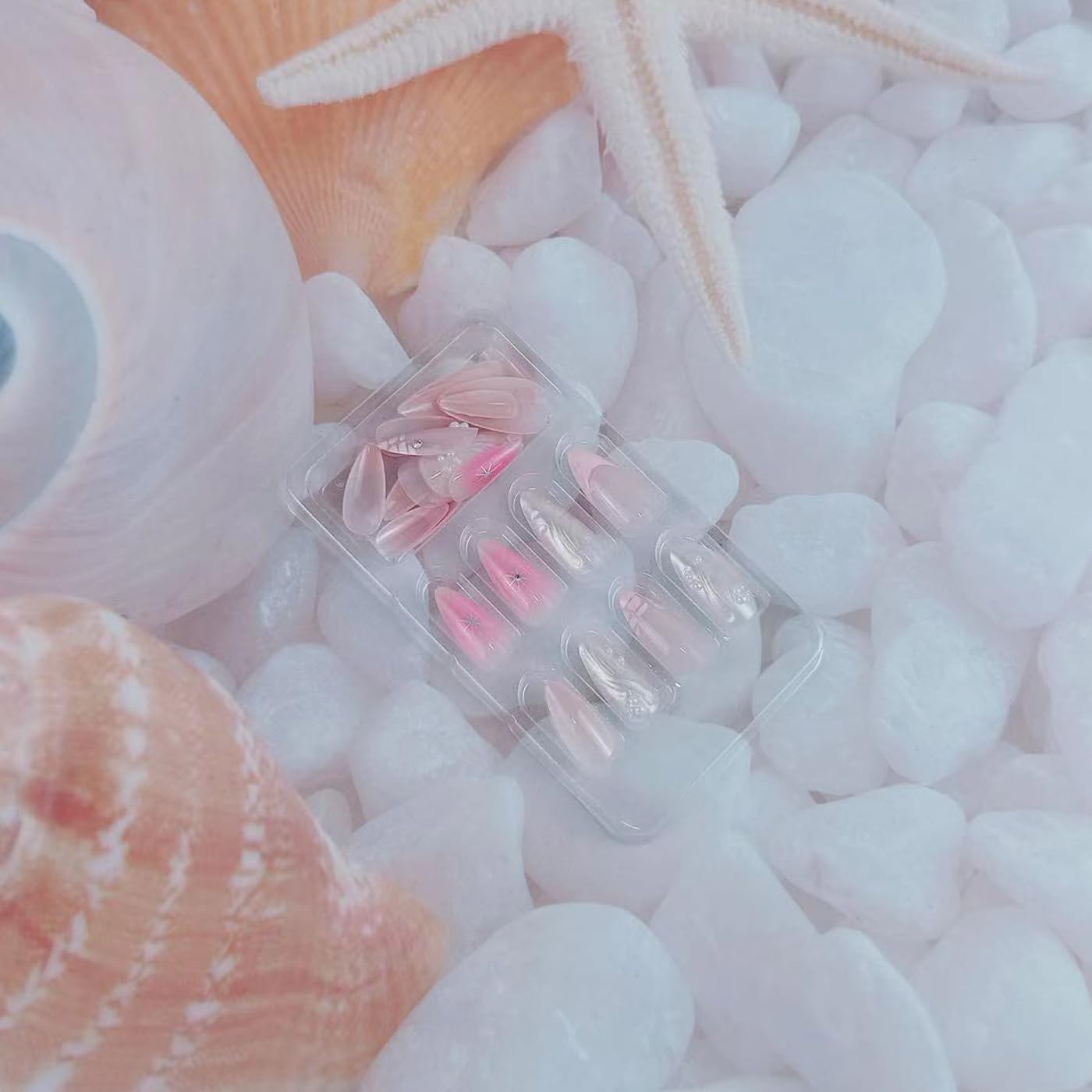 Pink Press on Nails Medium Almond Fake Nails 3D French Tip Water Ripple Artificial Glue on Nails with Rhinestone Pearl Charms Design Shiny Star False Nails Full Cover Stick on Nails for Women 24Pcs