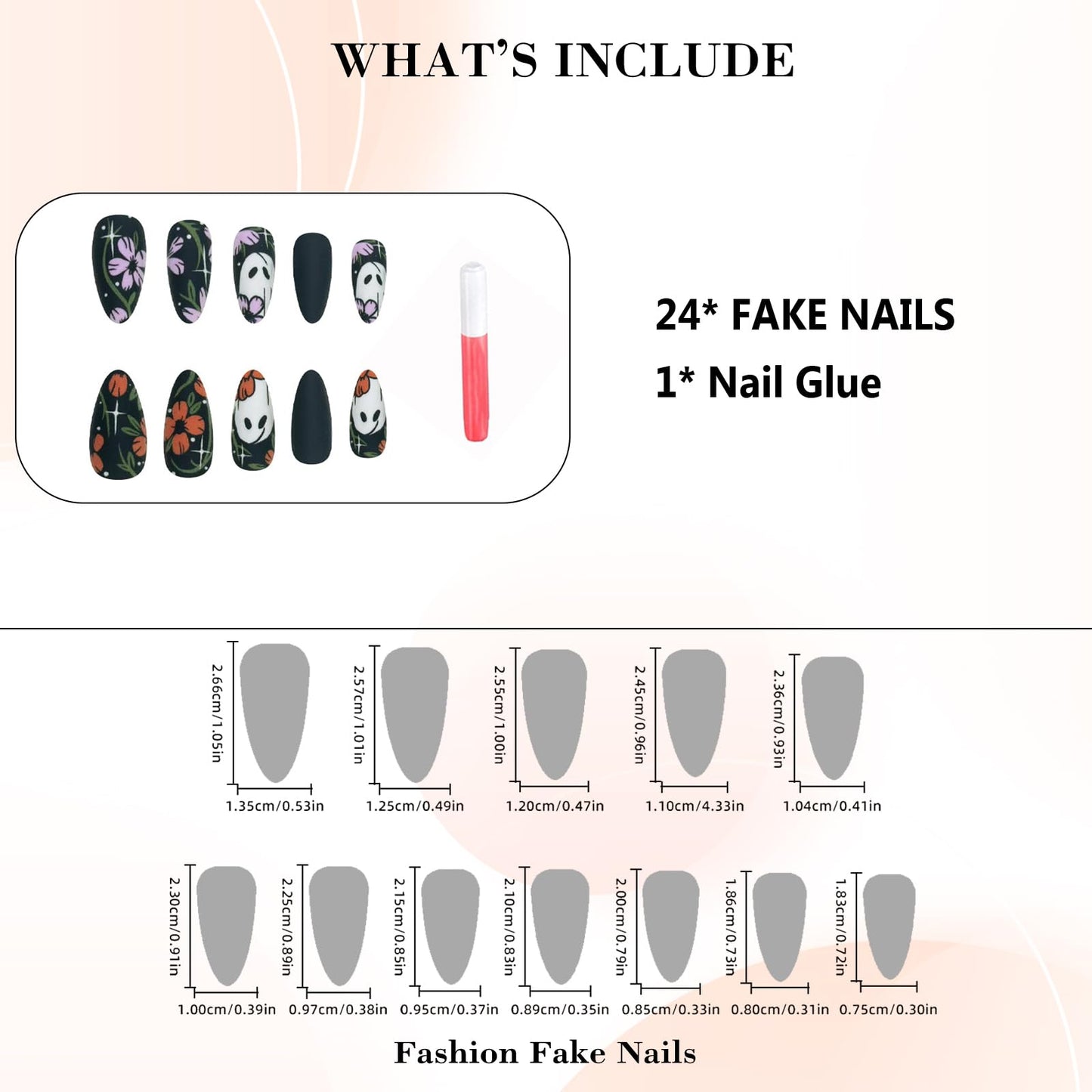 IMRAIN Halloween Press on Nails - Medium Almond Fake Nails with Ghost & Pink Orange Flower Design Full Cover Artificial Matte Black Cute False Nails for Women Manicure 24Pcs