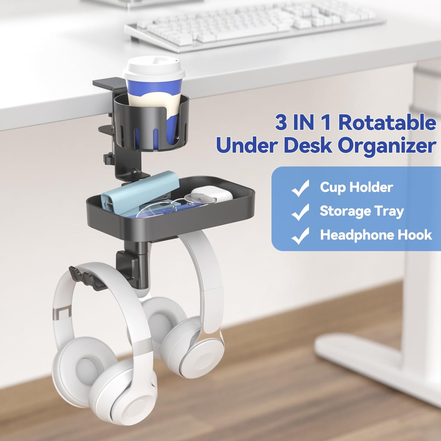 KDD Desk Cup Holder with 2 Headphone Hook - Rotating Pencil Holder & Detachable Drawer Tray - Clamp on Under Desk Headphone Holder Hidden Storage for Office School Home Accessories