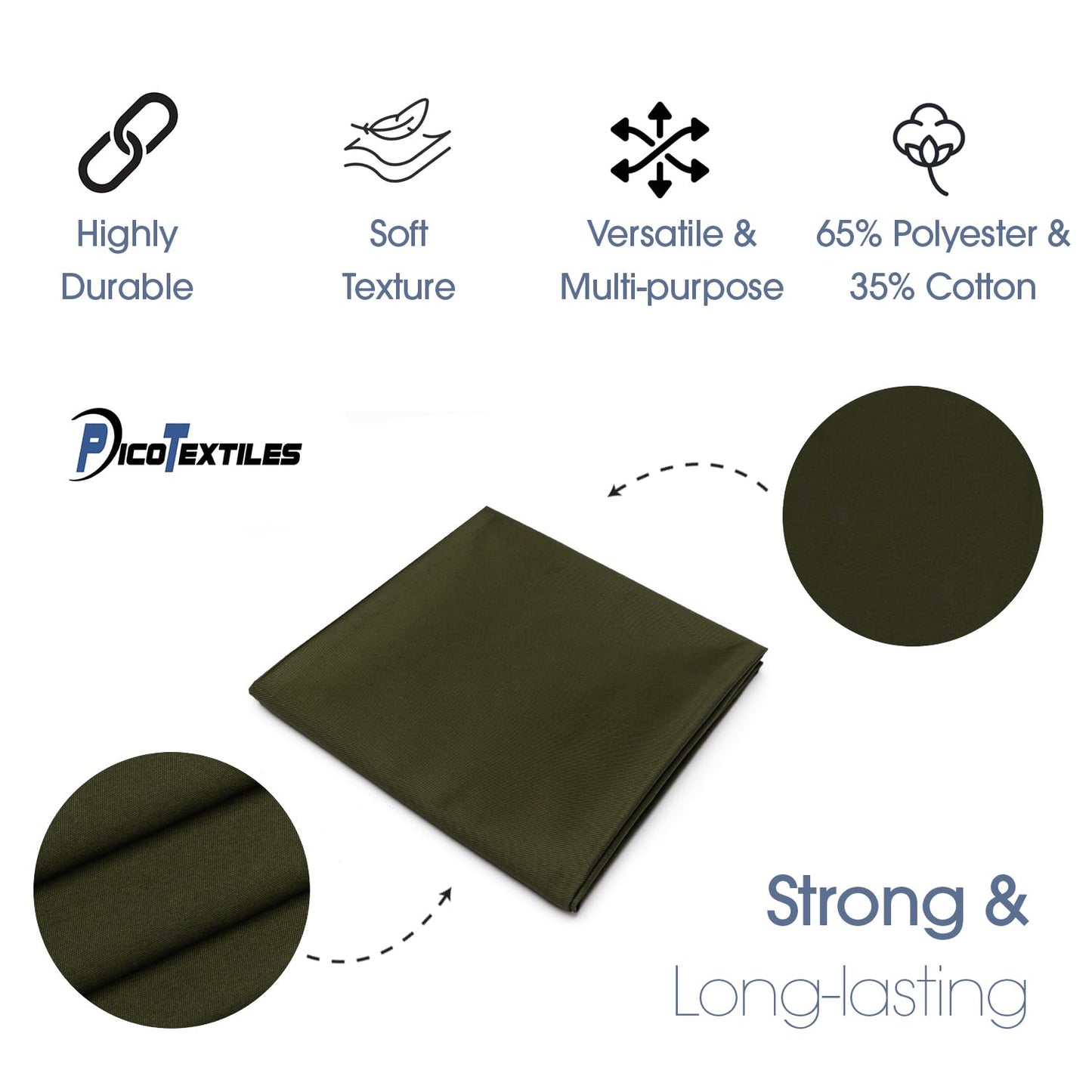 Pico Textiles 2 Yards Bolt Olive Green Poly Cotton Twill Fabric - 65% Polyester 35% Cotton - 60" Wide - Sold by The Yard - for Pants, Jackets, Skirts, Upholstery, and Work Uniforms