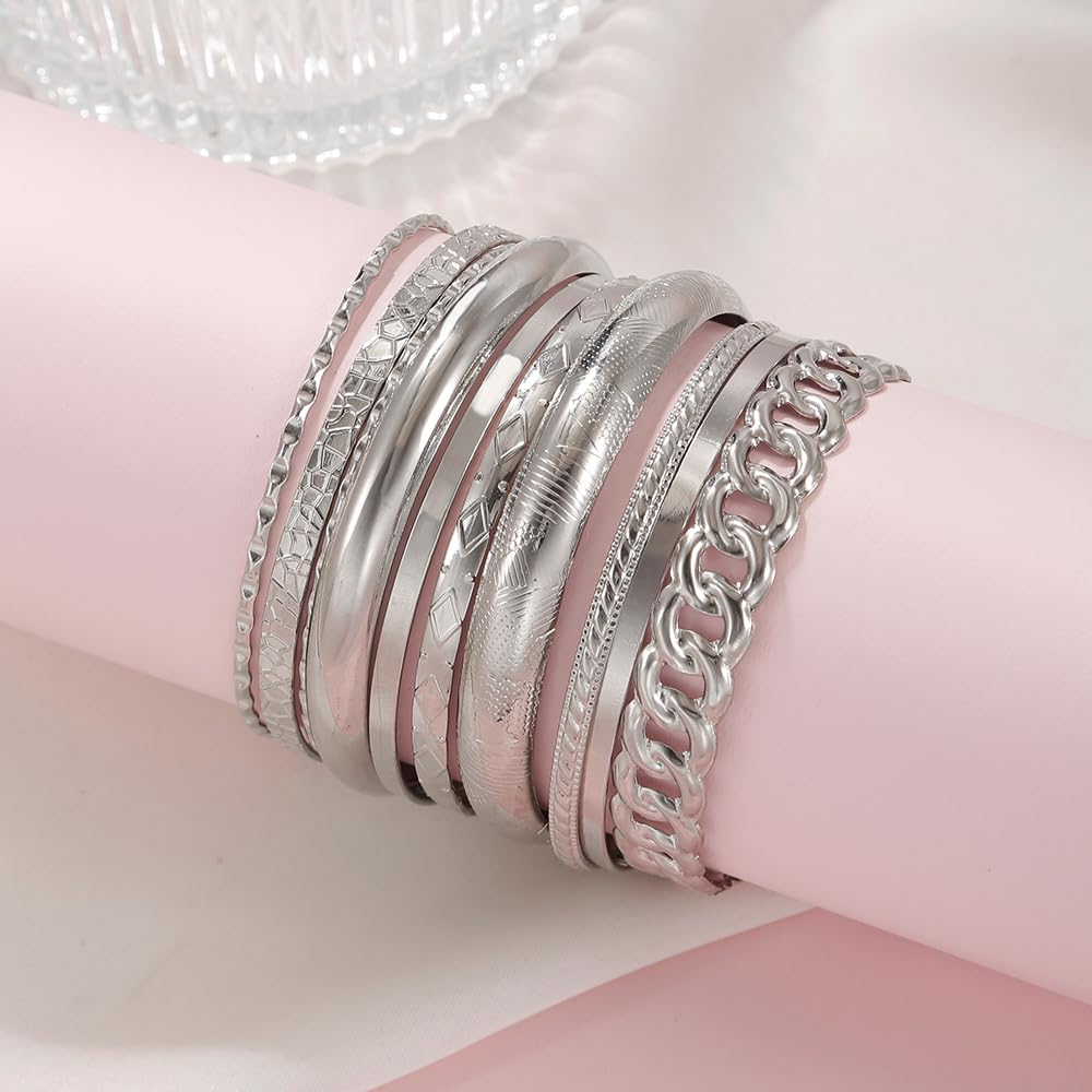 RINTOLER 10Pcs Chunky Silver Bangle Bracelets Set for Women - Multi Layer Stackable Textured Bracelets Indian Bangles Boho Jewelry Set (B-10PC-Silver)