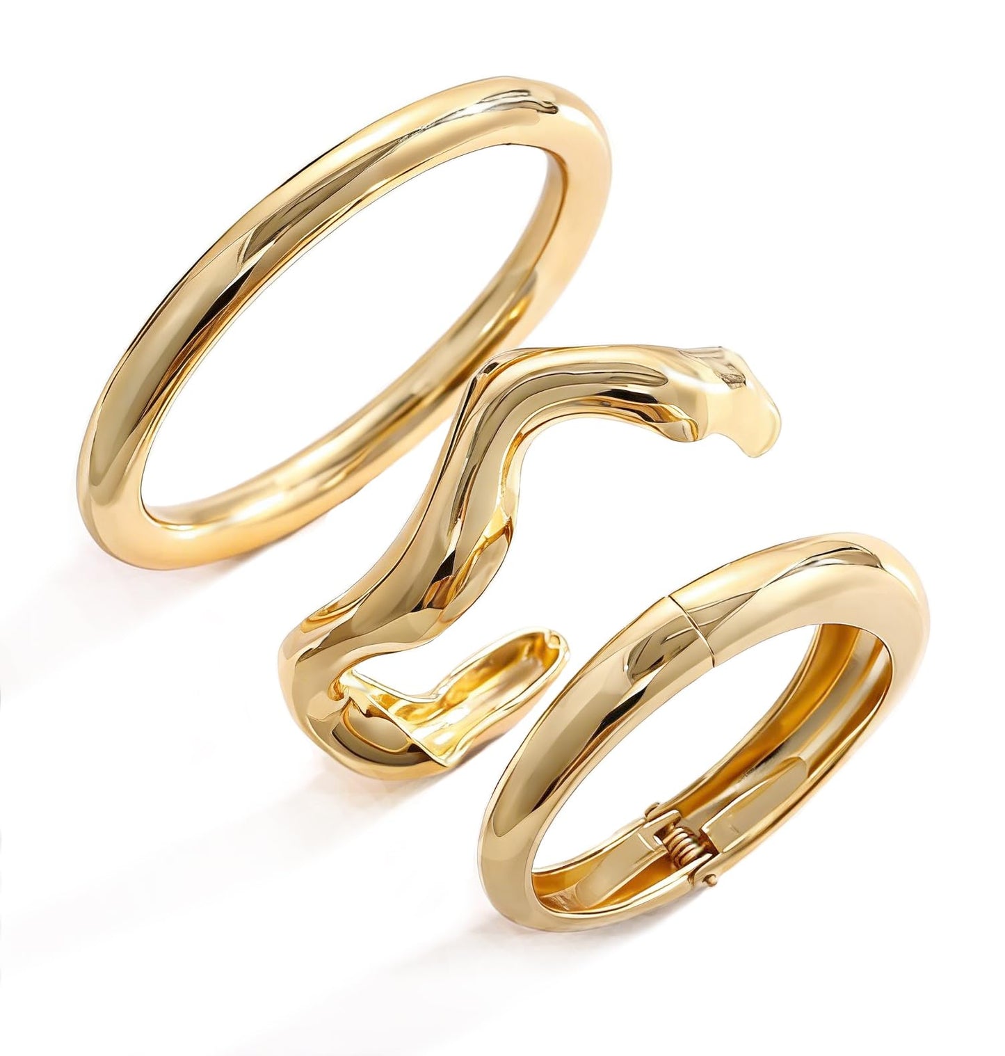 Chunky Gold Bangle Bracelets for Women, Dainty 14k Gold Plated Big Stackable Bangles Set, Trendy Statement Cuff Bracelet Stack Fashion Jewelry Gifts (Gold wave bangles)
