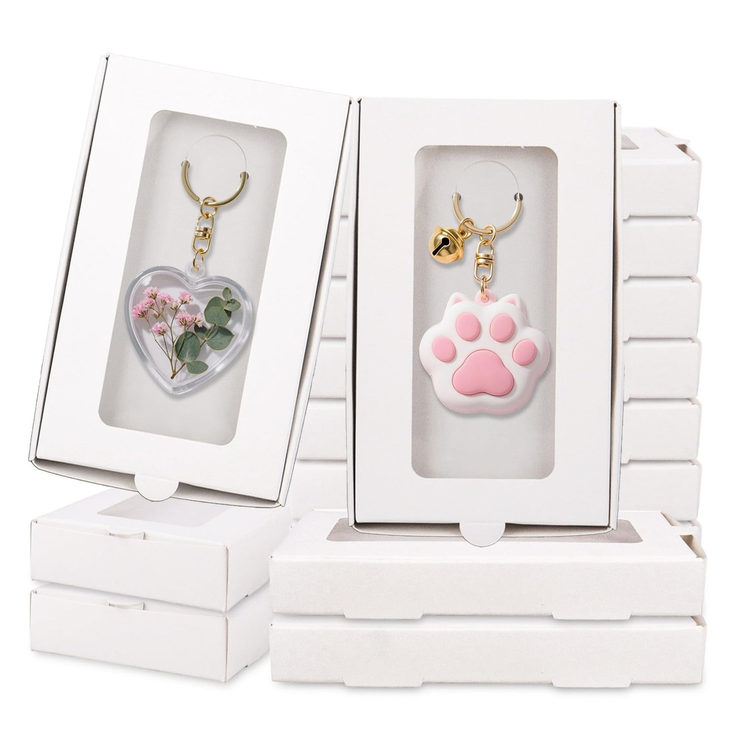 Klmnop 40 Pcs Sublimation Keychain Packaging Box, 5.4" x 3.4" x 0.7" Paper Necklace Packaging Box Bulk with Clear Window Display Card, Jewelry Gift Boxes for Necklace Bracelet Earring Keychain(White)