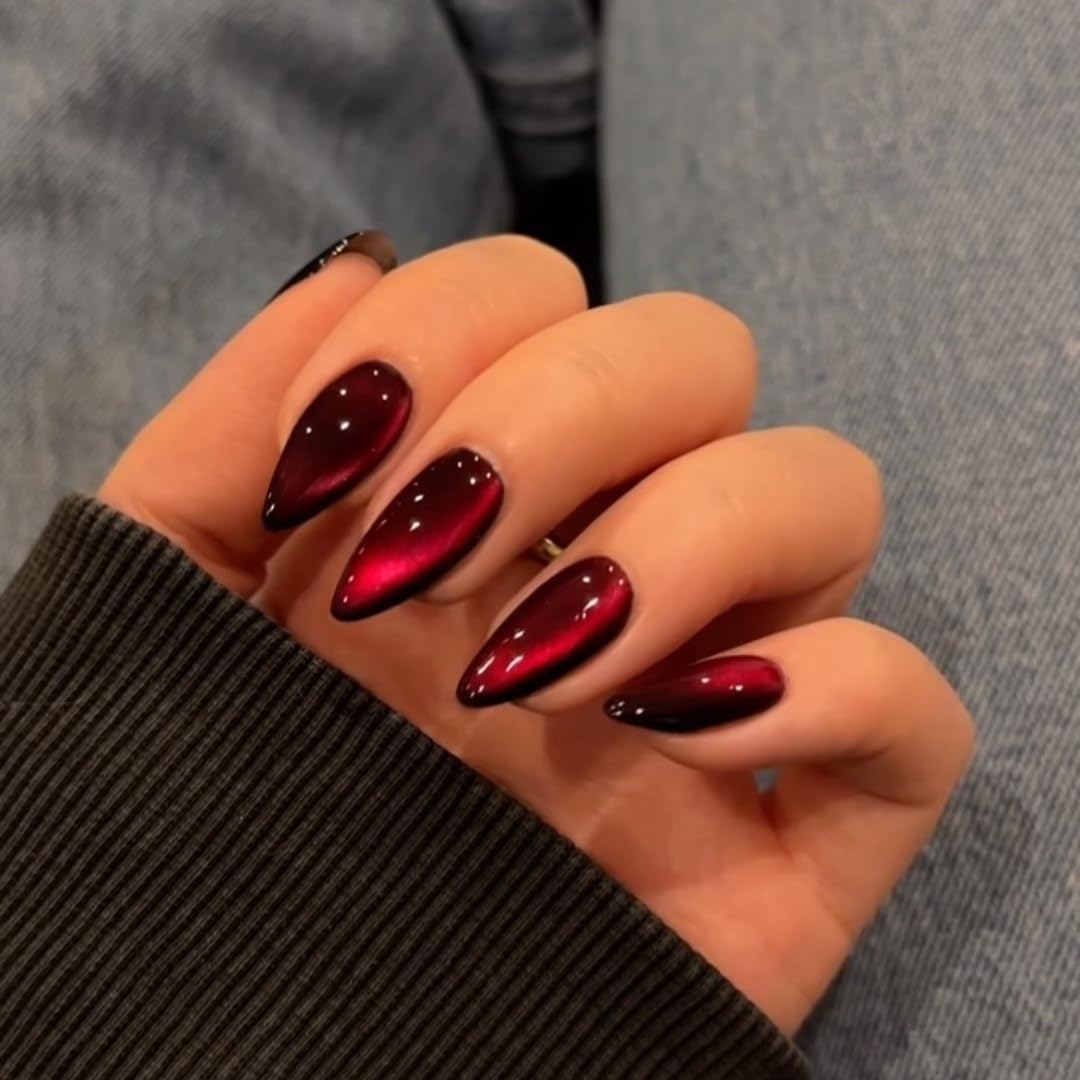 KQueenest Cat Eye Dark Red Press on Nails Medium Almond & Press on Toes Short Square For Beach Holiday Daily Decoration in 54 Pcs