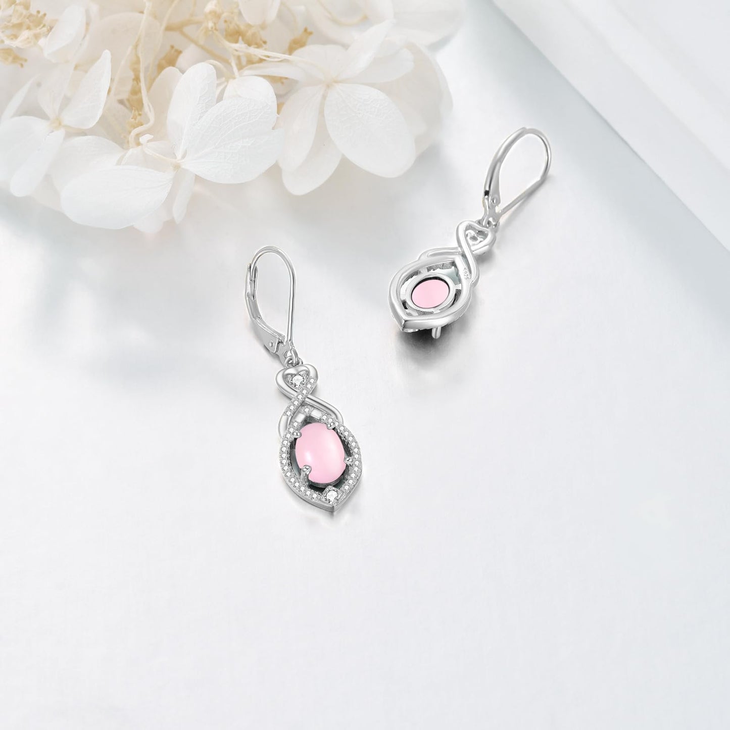 Pink Drop Earrings Sterling Silver Infinity Leverback Boho Earrings Pink Stone Dangle Earrings Jewelry Christmas Gifts For Women