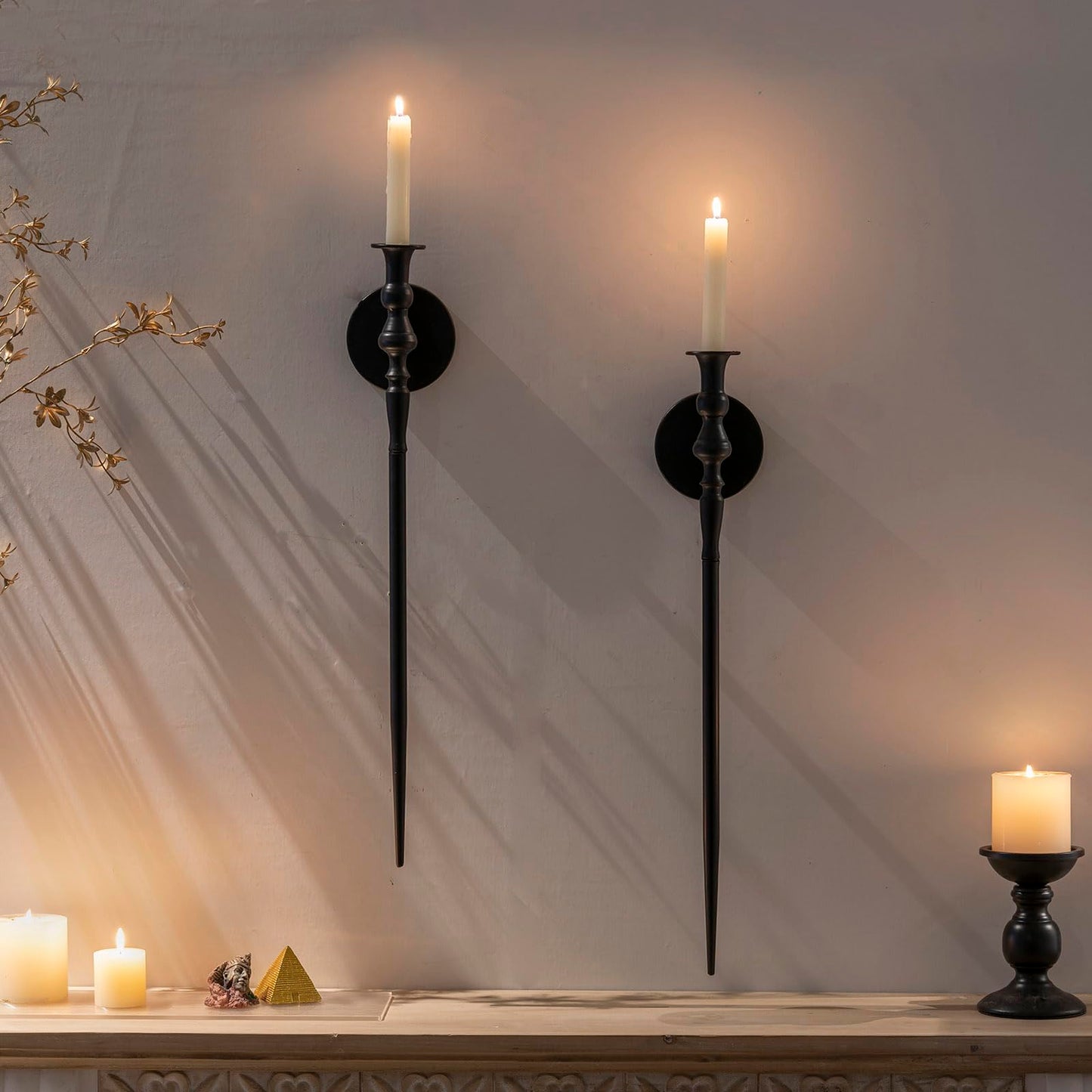 Tim&Lin Wall Sconce Candlestick Holder Set of 2, Large Black Scepter Gothic Design Metal Wall Candle Holder, Home Wall Decoration for Living Room, Bathroom, Dining Room