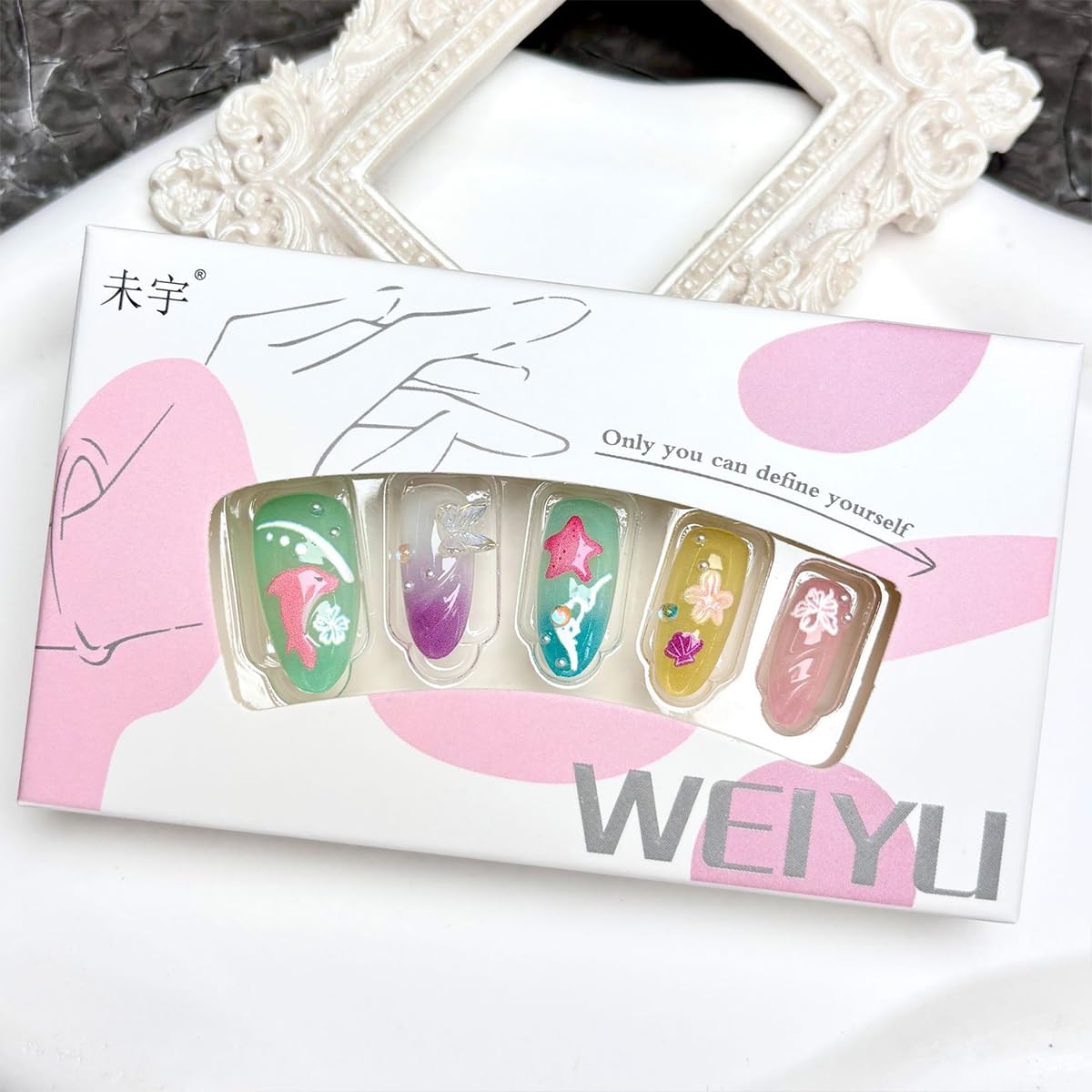 30Pcs Summer Press on Nails Almond Short Fake Nails with Cute Dolphin Mermaid Designs 3D Flower Starfish False Nails Colorful Summer Sea Theme Stick on Nails Acrylic Nails for Women Beach Vacation