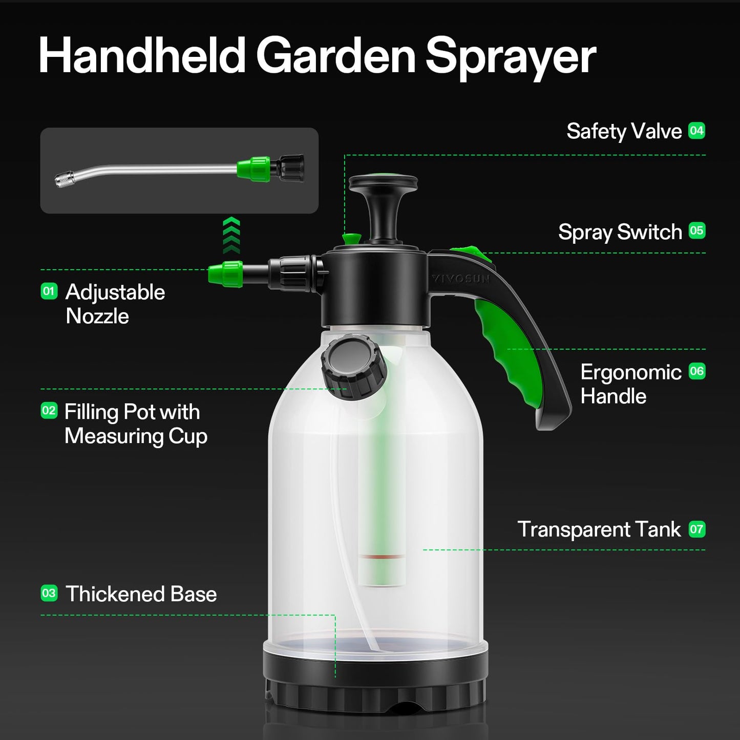 VIVOSUN 70oz Pump Sprayer, Portable Water Spray Bottle for Spraying Plants, Flowers, Weeds and Cleaning, Hand Pump with Side Filling Port, Measuring Cup, Adjustable Nozzles