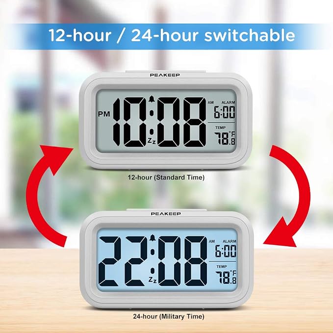 Peakeep Night Light Digital Alarm Clock Battery Operated Indoor Temperature | Small Cordless Cute Clock for Bedroom Desk Travel, Simple to Use for Teens Kids (White)