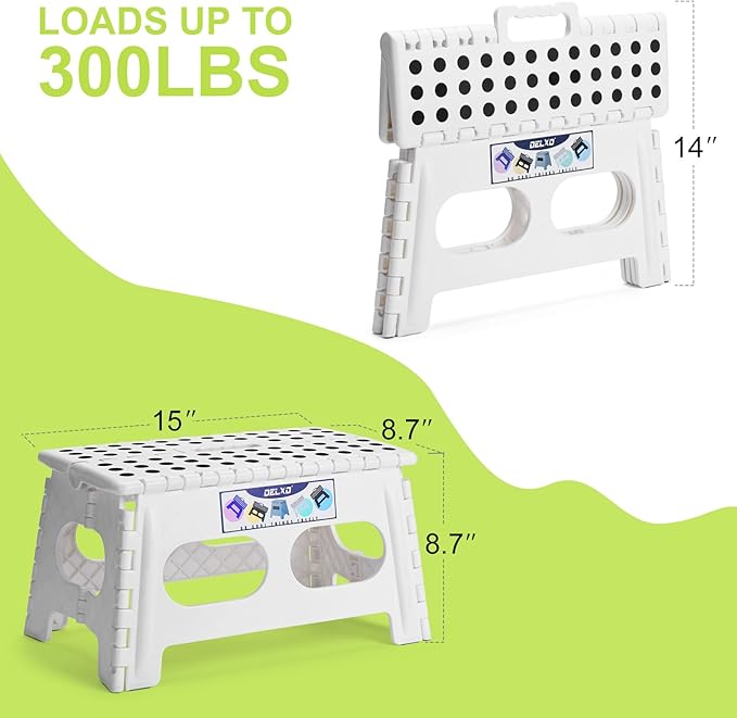 Delxo Folding Step Stool for Kids and Adults,15-Inch Extra Wide 9 Inch Height Heavy Duty Stepping Stool More Safe and Comfortable Non Slip Foldable Step Stool White