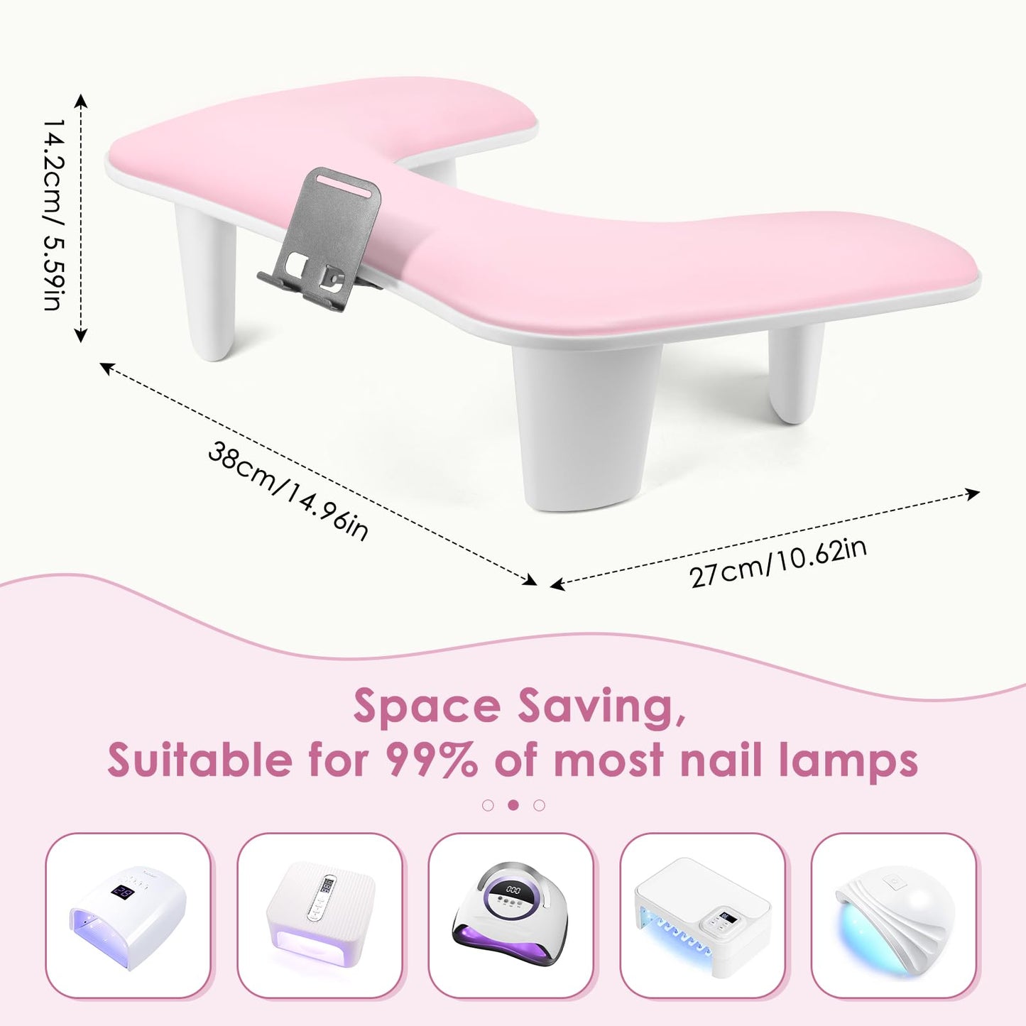 LIONVISON Arm Rest for Nails Tech: U Shaped Ergonomic Nail Hand Rest Stand PU Leather with Rotating Phone Holder for Nail Salon Manicurist (Pink)
