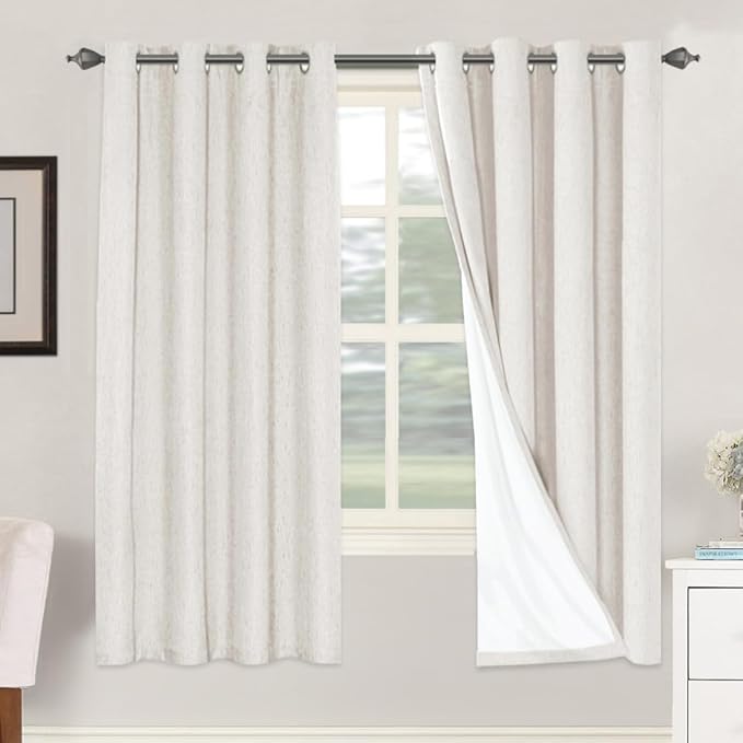 H.VERSAILTEX Linen Blackout Curtains 72 Inches Long 100% Absolutely Blackout Thermal Insulated Textured Linen Look Curtain Draperies Anti-Rust Grommet, Energy Saving with White Liner, 2 Panels, Ivory