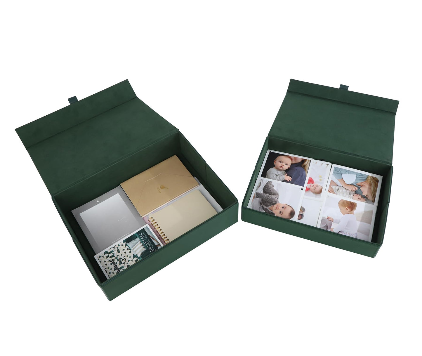 HofferRuffer Photo Storage Boxes with Dust-Proof Lid, Set of 2 Faux Leather Lidded Storage Bins, Photo, Jewelry, Scrapbooking Supplies, Keepsake Organizer for Elegant Home & Office Decor (Green)