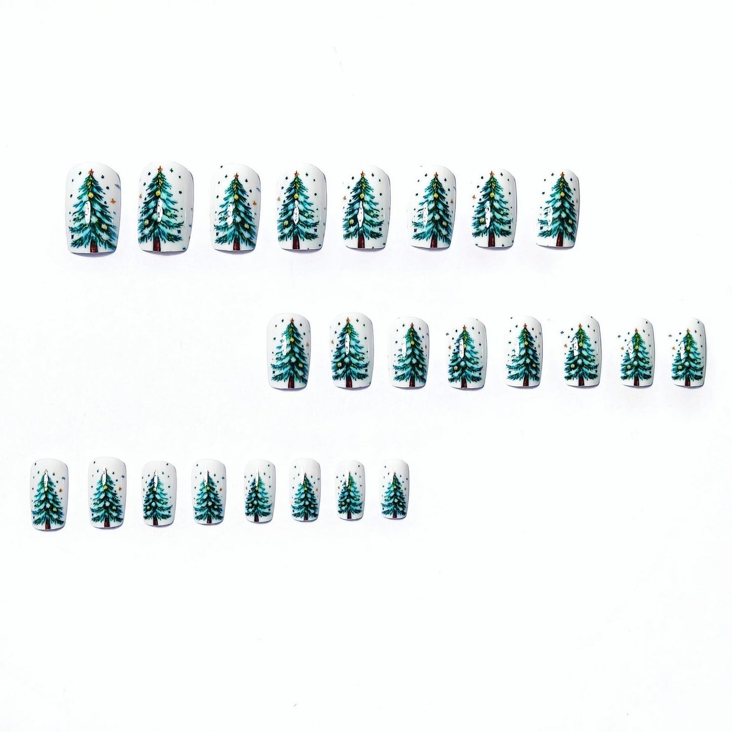 Christmas Press on Nails Medium Square Snowflake Fake Nails 3D Winter Pine Tree Designs Full Cover Acrylic Artificial Nails for Women Manicure Decoration 24 Pcs