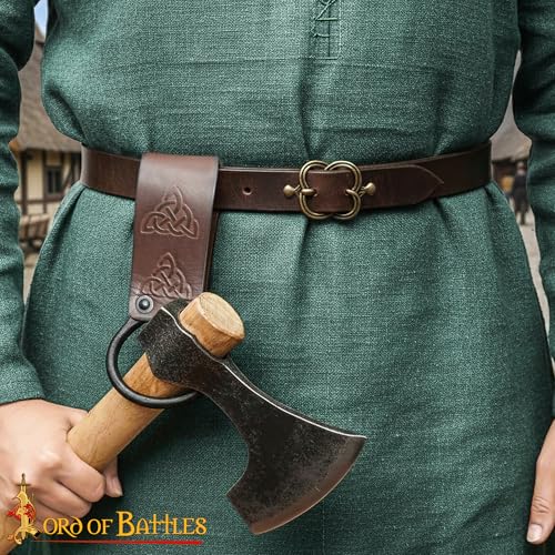 Lord of Battles Medieval Genuine Leather Axe Frog | Axe Holster with Belt Loop | Waist Holder for Axes, Tools - color: Celtic Design :- Brown